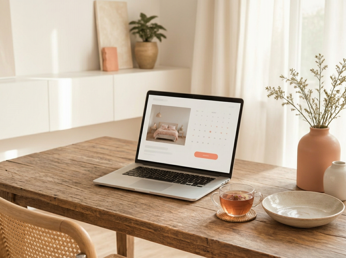 Ordinateur portable affichant un calendrier de réservation dans un intérieur lumineux et minimaliste
