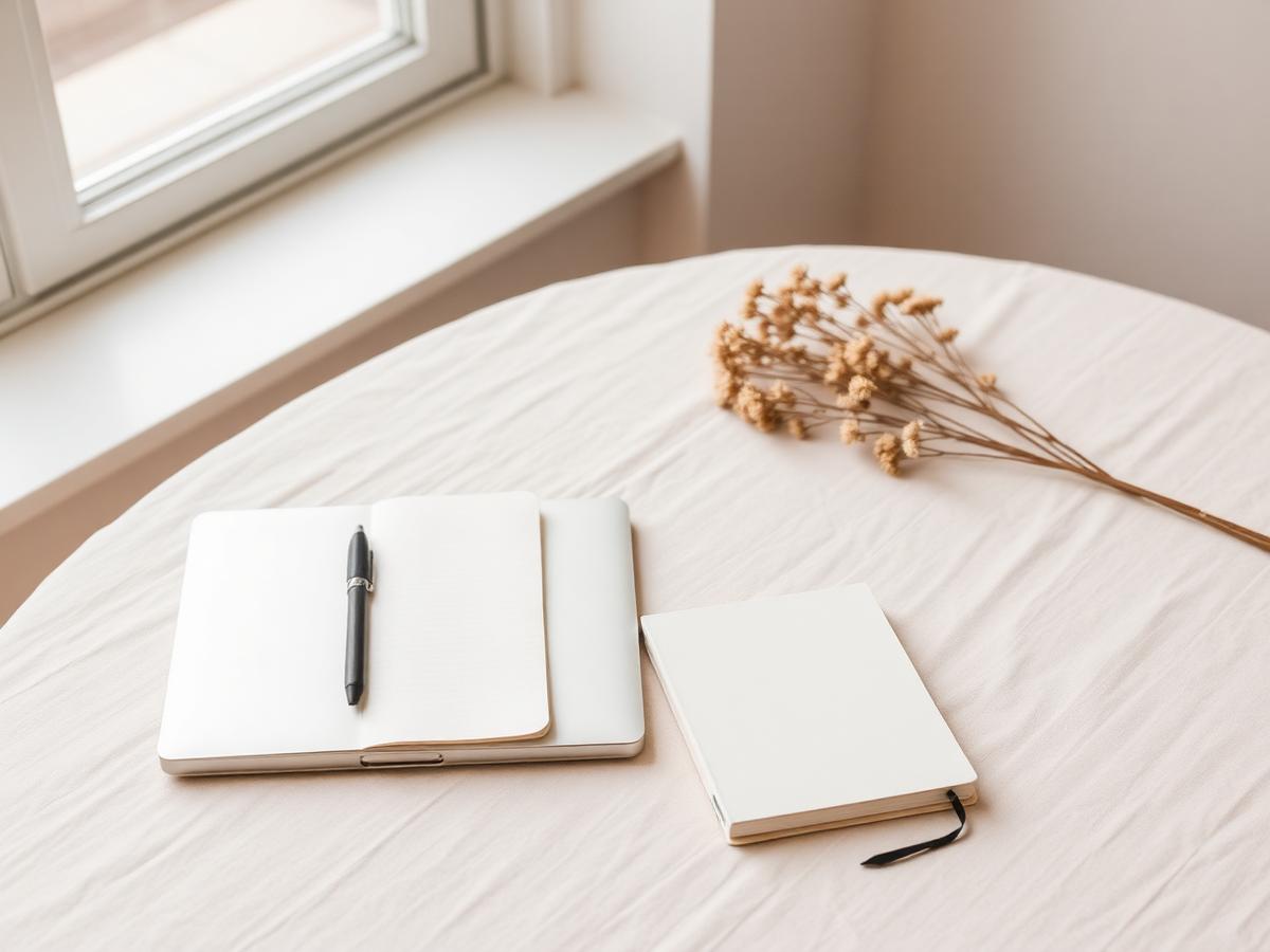Carnet et ordinateur portable sur une table en lin