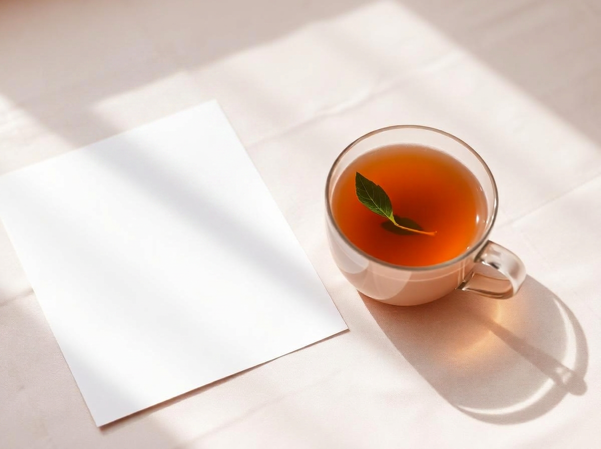 Tasse de tisane et feuille de papier vierge sur du lin