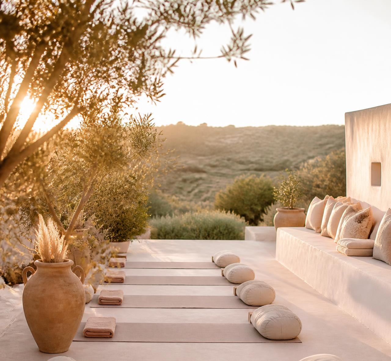 Terrasse de retraite de yoga baignée de lumière dorée