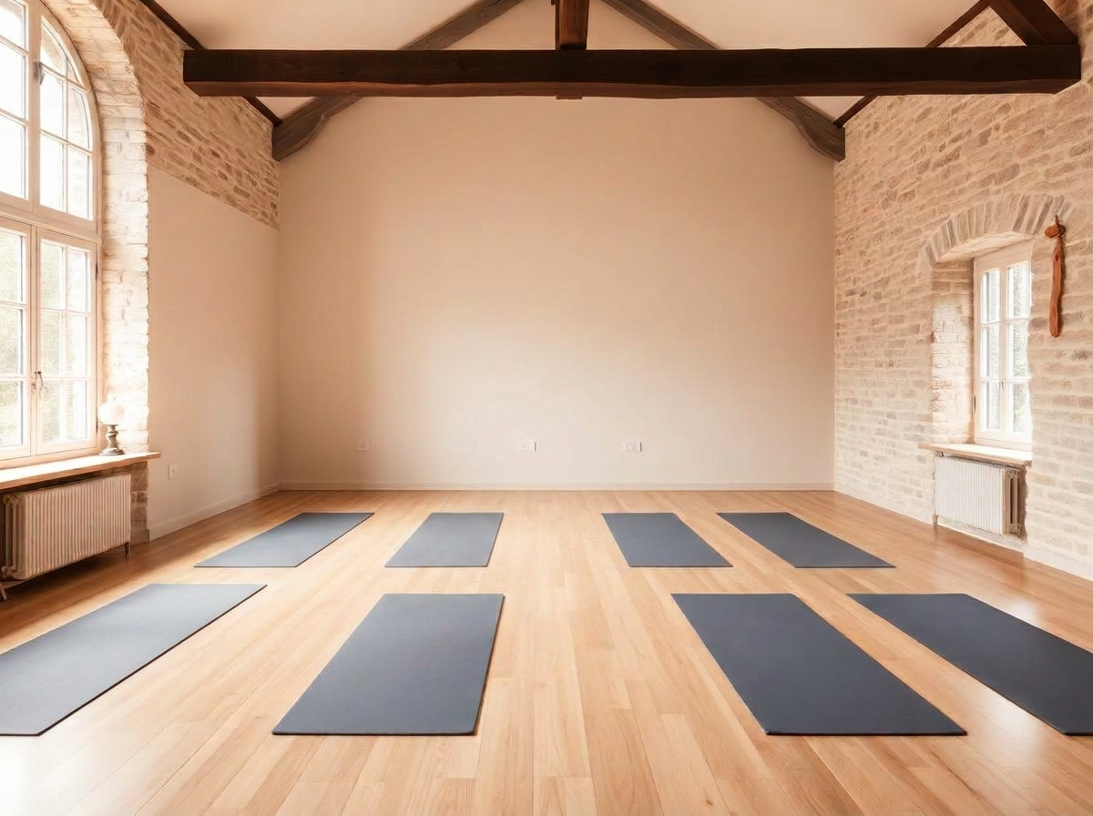 Salle de yoga lumineuse en pierre avec huit tapis espacés au sol