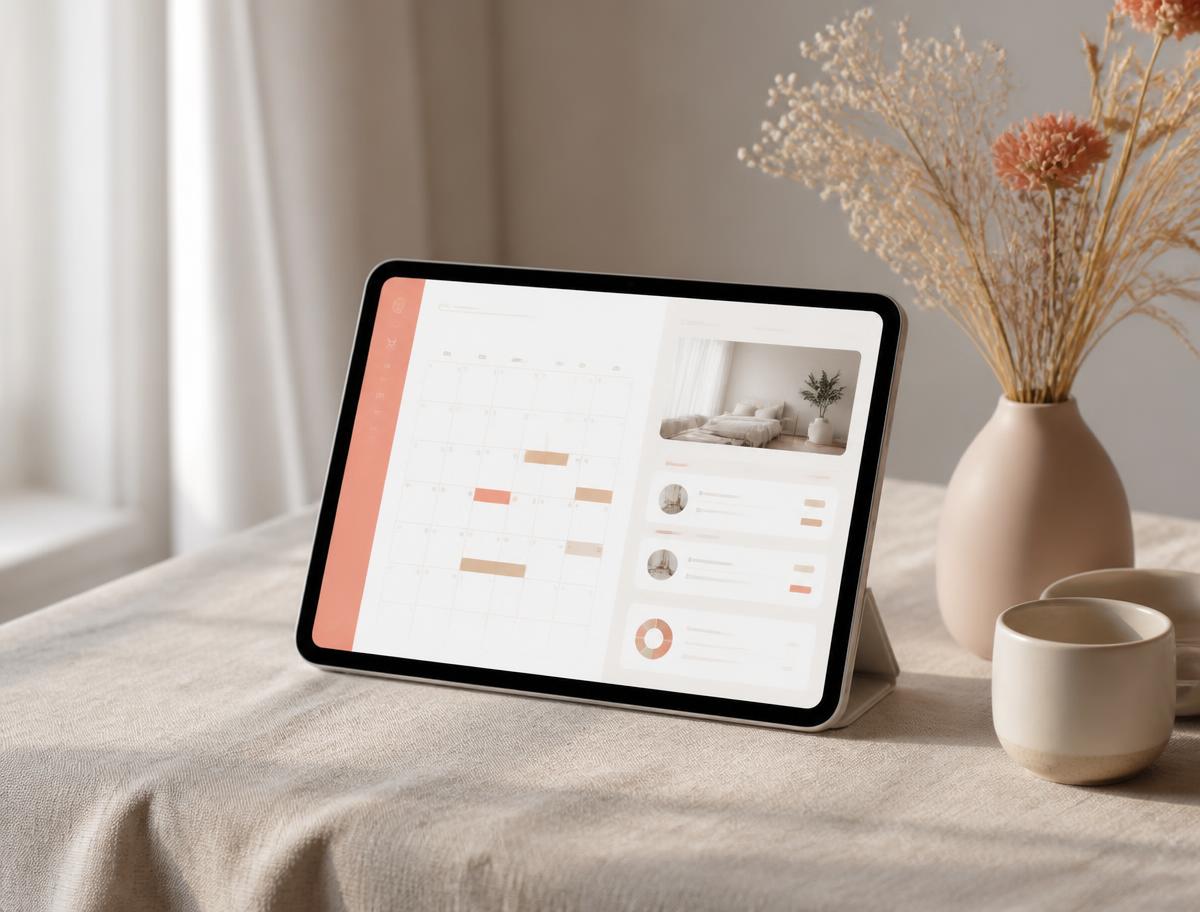 Tablette affichant un tableau de bord de réservations sur une table en lin