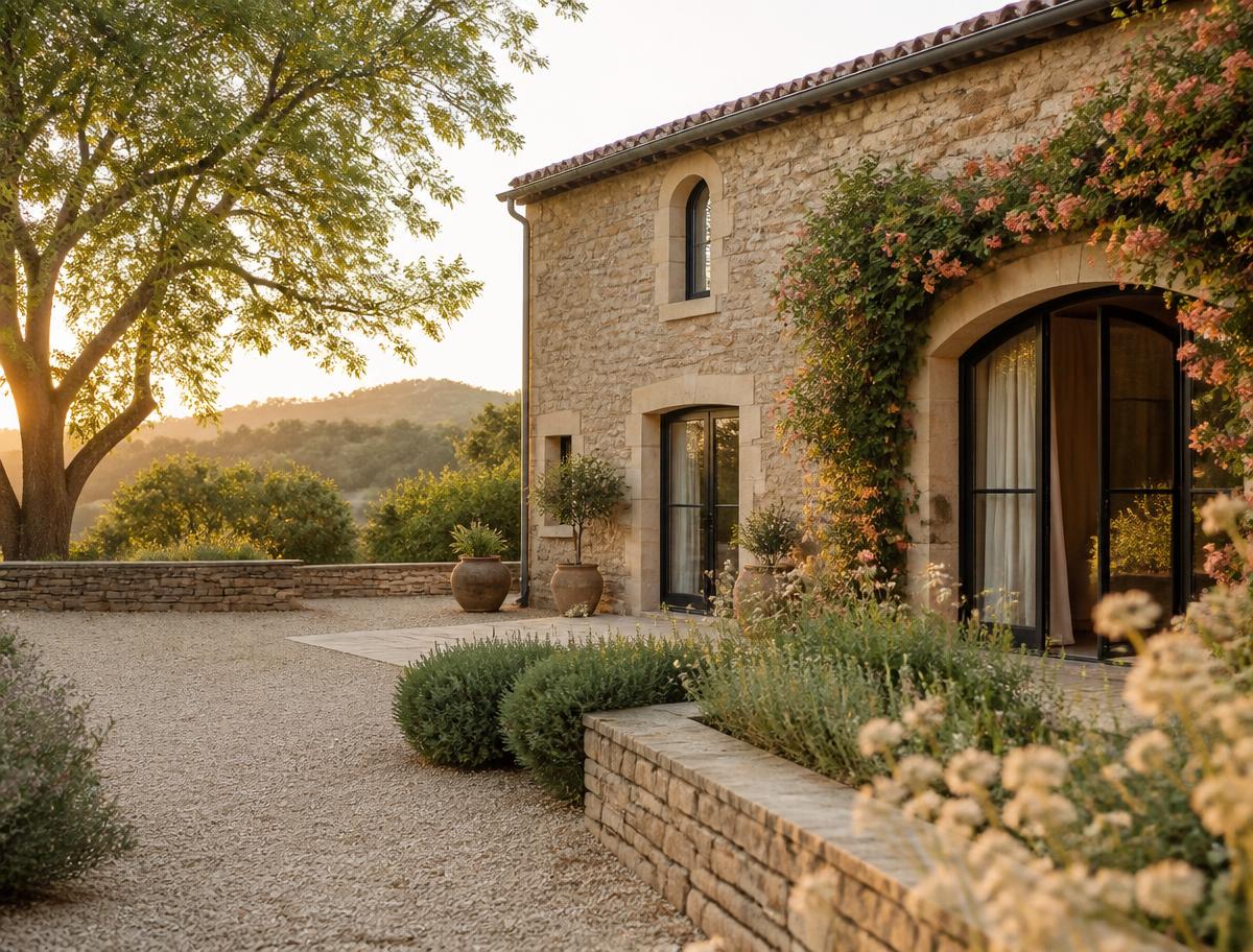 Belle façade d'un gîte de charme en pierre au coucher du soleil